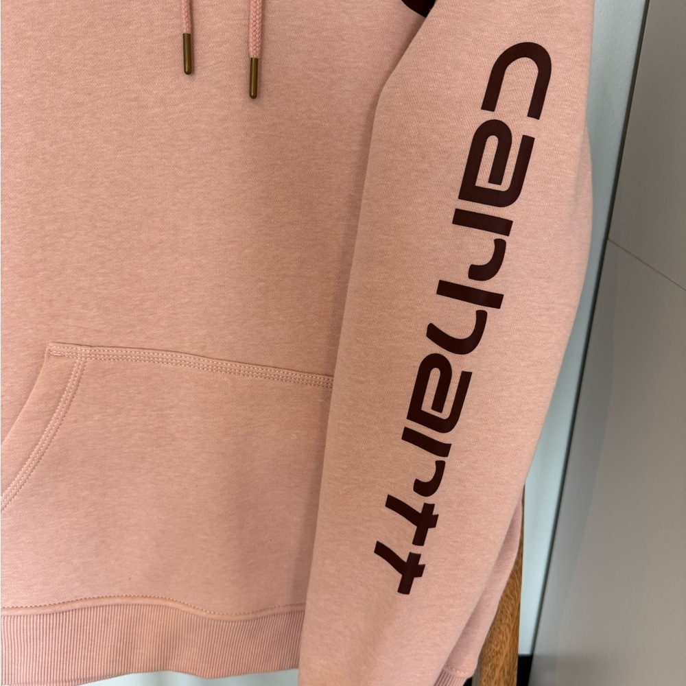 Carhartt Women's Dusty Pink Logo Hoodie w/ Dark Chest Emblem and Sleeve Graphic - Picture 2 of 4